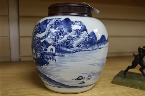 A Chinese blue and white ovoid jar, 18th century, total height 23.5cm including pierced wood cover